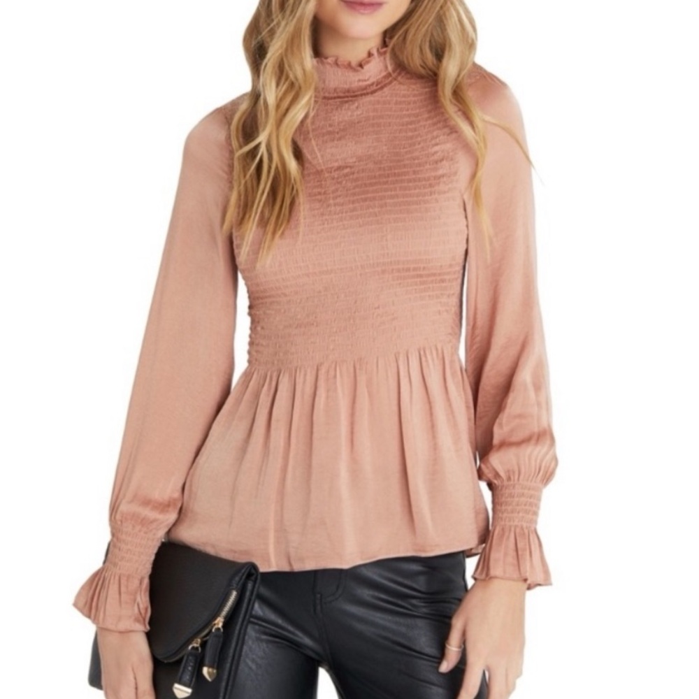 Vici Smocked Mock Neck Long Sleeve Peach Peplum Blouse Top Size Large